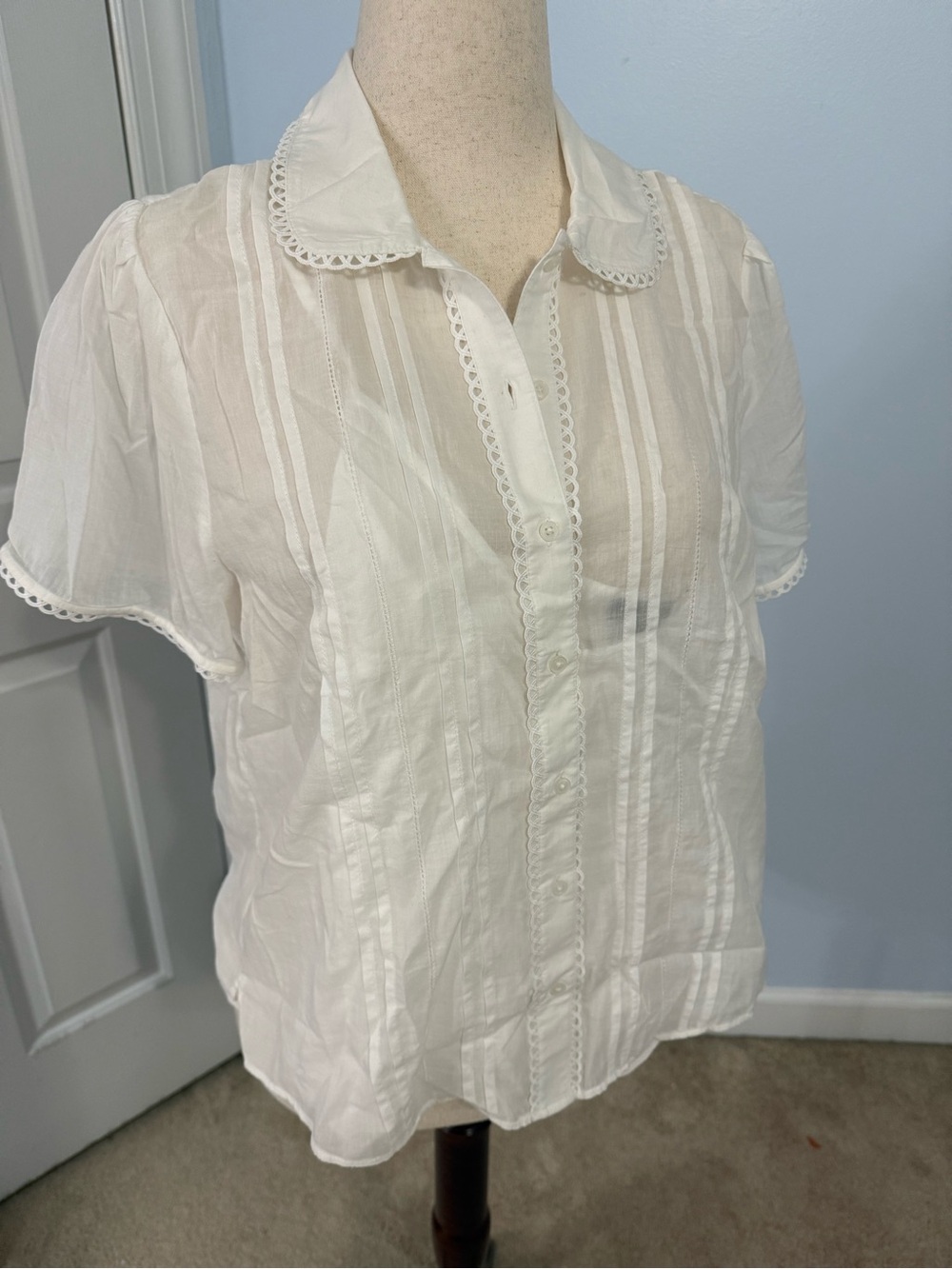 J. Crew White Eyelet-Trim Short Sleeve Button-Down Shirt